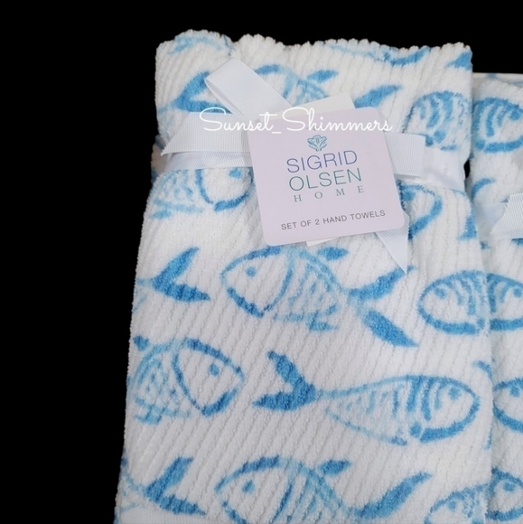 6pc Sigrid Olsen Coastal Nautical Skool Blue Fish Bath Hand Tip Towel Set Cotton - Picture 2 of 8